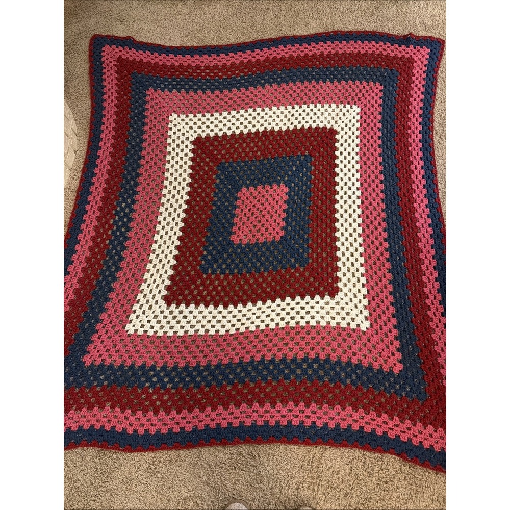 Handmade Crocheted Granny Square Pink Wine Navy Cottage Afghan Blanket 79"x 72"